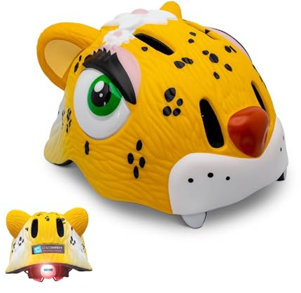 Crazy Safety Casque de vélo pour Enfants | Casque Enfants 2-7 Ans pour vélo, Skateboard, vélo de Course, Trottinette, Rollers | Casque 3D Animalier léger et Ajustable 49-55 cm (Léopard Jaune)