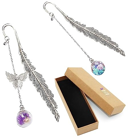 2 Pcs Metal Feather Bookmarks, VEGCOO Creative Vintage Bookmark with 3D Butterfly and Dry Flower Pendant, Classical Handmade Bookmarks for Women Men Boys Girls Students Readers (Purple + Blue)