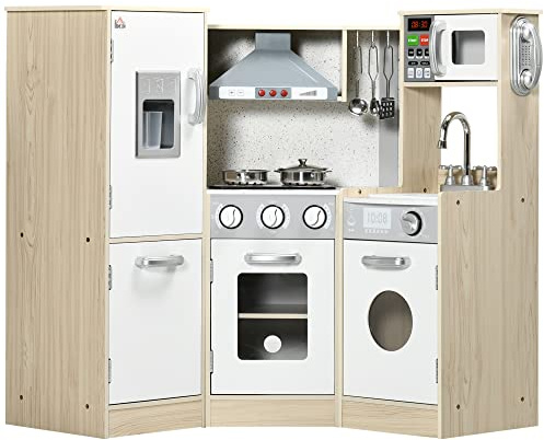 HOMCOM Kids Kitchen Playset Pretend Toy Kitchen w/Phone, Storage Space | Role Play Accessories, Sound and Light Effects