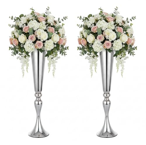 Set of 2 Versatile Metal Tabletop Flower Stands, Silver Dining Table Centerpiece Vases, 21.9 Tall Trumpet Vases for Wedding Birthday Ceremony Party Special Event Home Décor