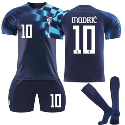 ENIXWH Barnfotbollströja Kroatien utwarts Modric jersey set kom med shorts fotbollsfans för pojkar vuxna, blå, 26