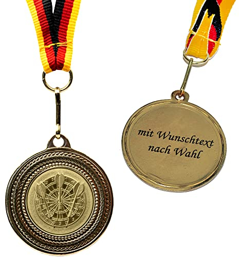 Pokal-Fabrik - Dart-Medaillen 10er Set Metall mit Wunschtext - Dartmedaille golden zum Umhängen für Siegerehrungen - Medaillen Kinder mit Deutschlandband und Dart-Emblem für Vereine & Turniere