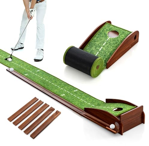 GOPLUS Alfombra de Putting para Golf, Juego de Mini Golf para Interior y Exterior con 1/2/3 Orificios, Retorno Automático, 3 Pelotas, Pista Magnética, Línea de Guía y Escala, para Hogar y Oficina