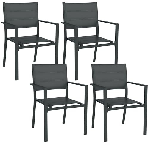Outsunny Ensemble de 4 chaises de Jardin empilables en Aluminium et textilène avec accoudoirs, Lot de 4 pièces pour extérieur, Gris