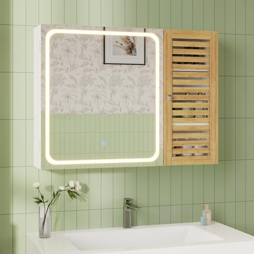 FORABAMB Armoire Murale Salle de Bain Miroir LED, 6 Compartiments, 4 Étagères Réglables, Porte Double Bambou, 80 × 16 × 60 cm