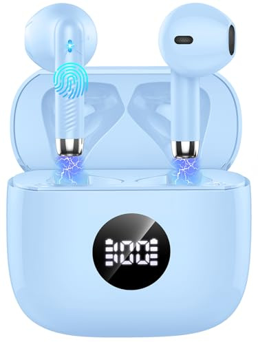 Jxrev Wireless Earbuds, Bluetooth 5.4 Headphones in Ear with 4 ENC Noise Cancelling Mic, 40H Playtime Earphones with HiFi Stereo Deep Bass, Wireless Headphones IP7 Waterproof, USB-C, Sky Blue