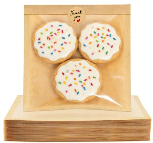 Foranda 100 Pack Cookie Bags with Seal Stickers, 7.1x7.5 Inch Heat Sealable Bakery Bags with Window Bake Sale Packaging Paper Sleeves for Bagel, Cake Slice, Sandwich, Donut, Pastry