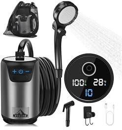 TINIFO Ducha de camping con bomba, ducha portátil de camping con batería recargable de 8000 mAh, ducha móvil con indicador de temperatura, manguera de 2 m para camping, lavado de coche, ducha de