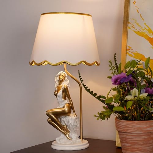 FLRXHK Girl Decorative Table Lamp with Artistic Figure Base, White Shade, Gold Accents