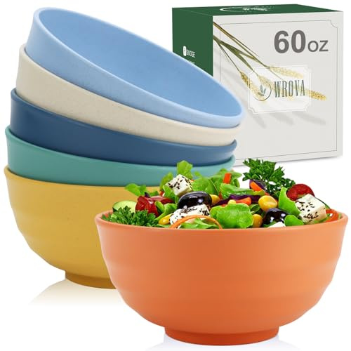 Wrova Plastic Bowls Set 60 OZ Unbreakable Large Ramen Bowl Set of 6 - Microwave and Dishwasher Safe, Reusable Ramen Bowl for Camping and Party - Soup Bowl for Serving Oatmeal and Salad - 6 Colors