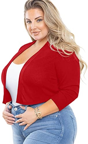 AusLook Women's Plus Size 3/4 Sleeve Knit Cropped Bolero Shrug Cardigan | Shrugs for woman, 3/4 Sleeve Knit Bolero Cardigan, Open Front Cropped Tops, Casual Soft Lightweight Cover Ups for Dresses