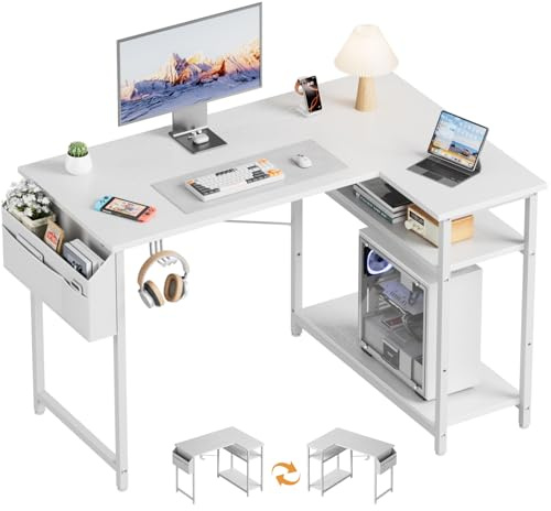SOLAVERO Escritorio Esquinero 110 x 80 cm, Mesa Gaming con Estante Reversible, Escritorio en L con Almacenamiento, Mesa Ordenador para Oficina en Casa, Estudio y Juegos, Blanco