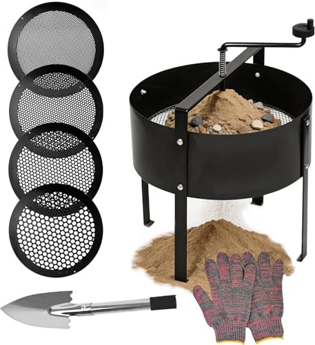 Setaccio Giardino, Setaccio da Giardino Manuale Rotondo da 30 cm con 4 Inserti Intercambiabili Ø 3,6,9,12 mm, Guanti e Pala, Setaccio Sabbia Setaccio Terreno per Pietre, Terreno, Compost, Sabbia