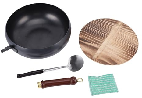 Padella Wok in Ferro Battuto Martellato a Mano per Cotture Rapide con Manico in Legno per Appassionati di 28 Cm (Coperchio in legno da 28 cm/11 pollici)