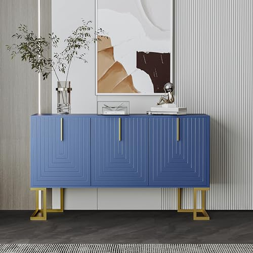 Marinblå modern 3-dörrars sidobord - justerbara hyllor metallhandtag U-format skåp för matsal kök och hall förvaringsmöbler