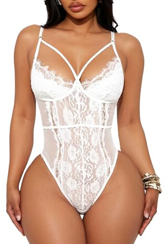 Buitifo Women Lace Bodysuit Lingerie One Piece Teddy Babydoll | V Neck Backless bodysuit,Sheer Lace Tank Top,See Through Camisole,Snap Crotch,One Piece Lingerie,Adjustable Strap