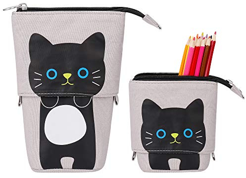 QH-Shop Federmäppchen Große Kapazität Stehen Leinwand Reißverschluss Mäppchen Niedlich Katze Make-up Tasche Teleskopisch Bleistifthalter Beutel für Schule Büro (Grau)