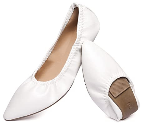 Women's Ballet Flat Slip On Pointed Toe Flats Shoes - Classic, Casual, Dress, Walking & Travel - Foldable, Portable - White (9)