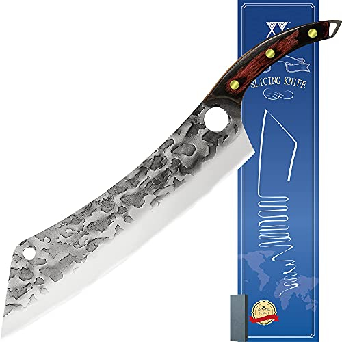 XYJ Full Tang 12,5 pollici coltello lungo foro per dita design in acciaio inox lama extra lunga manico ergonomico in legno chef giapponese coltello per verdure per tagliare torte petto di anguria