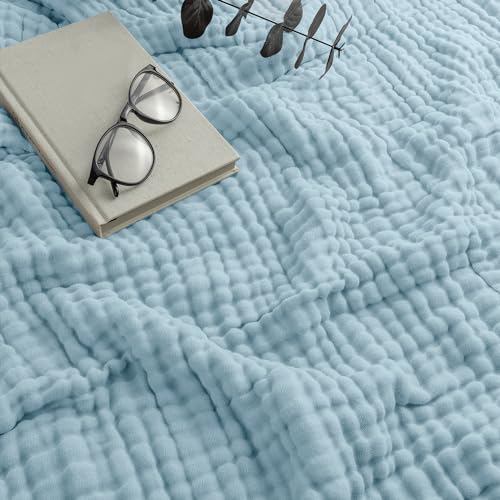 Comfy Cubs Adult Muslin Blanket Twin, 229 x 168 cm - Soft, Six-Layered, Lightweight, Breathable Cotton Blanket for All Seasons - Machine Washable, Stylish Home Decor - Sky Blue
