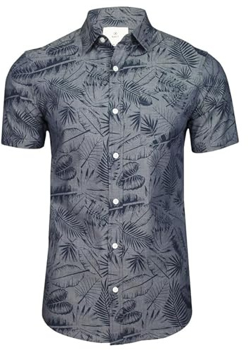 Xact Chemise Hawaïenne Homme – 100% Coton Chemise Fleurie Tropicale Manches Courtes – Slim Fit Chemisette Été Plage Vacances (Kaveri - Mid Blue Chambray) XXXL