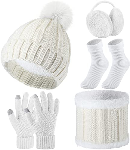 SATINIOR 5-pack vinter varm mössa och handskar set stickad halsduk mössa pompom hatt vinter öronvärmare skidöronmuffar strumpor för kvinnor, Vitt, en storlek