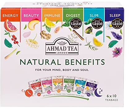 Ahmad Tea Gifts | Natural Benefit Selection Pack | Green teas, Fruit & Herbal Infusions | Perfect tea gift | 60 Sachets | 6 Flavorurs