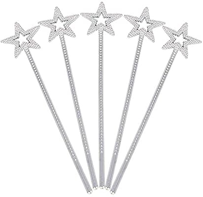 MYUBWTF 5PCS Silver 13 Inches Star Wand Elf Baton, Angel Star Magic Wands, Silver Fairy Princess Plating, Stars Stick