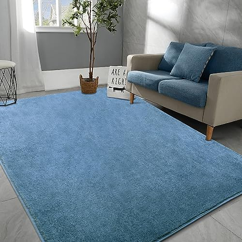 Rururug Teppich Wohnzimmer 120x170 cm, Mikrofaser Kurzflor Teppich Waschbar Schlafzimmer Teppich Weich Flauschig, Modernes Einfarbig Design Rugs for Living Room, Blau