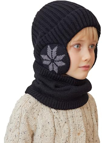 YAMEE Bonnet Chaud écharpe Ensemble pour Enfants avec Doublure Peluche Doux Cache-oreilles Chaud,2 Pièces Tricoté Beanie Cache-Cou Enfants Hiver Coupe-Vent,Chapeau pour Fille Garçon 4-10 Ans