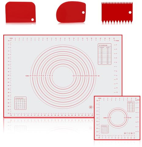 DASIAUTOEM Backmatte Silikon, 2 Stück Silikonmatte Teigmatte mit 3 Teigschaber, Baking Mat Rutschfeste, BPA Frei, Wiederverwendbar, Antihaftbeschichtung Backunterlage für Pizza, Teig 25x29cm / 50x70cm