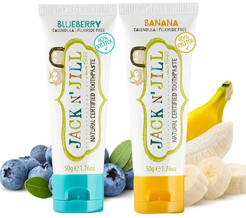 Jack N’ Jill Natural Certified Kids Toothpaste – Fluoride-Free Toddler & Baby Toothpaste with 40% Xylitol, No Sugar, Suitable from 6 Months+, Banana & Blueberry Flavour, Pack of 2 (50g Each)