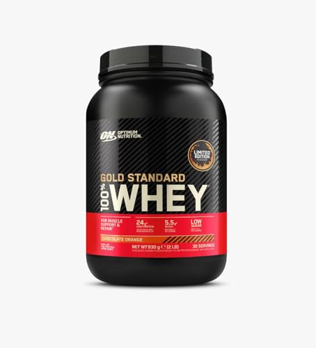 Optimum Nutrition Gold Standard 100% Whey Protein Powder, Limited Edition Chocolate Orange Flavour, 24 g High-Protein, 5.5 g BCAA Amino Acids, Low Sugar, Muscle Support & Repair, 30 Servings, 930 g