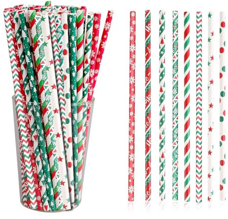 50Pcs Christmas Paper Straws, Biodegradable Christmas Straws Red Green Paper Drinking Straws for Christmas Decorations, Xmas Disposable Christmas Pattern Straws for Party Tableware Decor