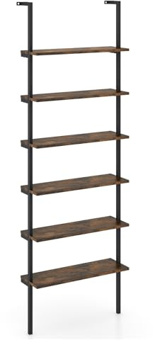 COSTWAY 6-Tier Ladder Shelf, Industrial Wall Bookcase Shelving Unit Display Rack, Metal Frame Wooden Wall Mounted Bookshelf Tall Storage Shelves for Living Room Bedroom Office, 183cm (Rustic Brown)