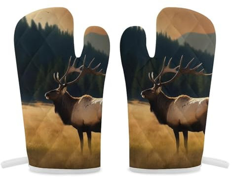 Ofenhandschuhe, 2 Stück, Küchenhandschuh, Elch auf der Wiese, Ofenhandschuh, rutschfeste Ofenhandschuhe zum Kochen, hitzebeständige heiße Pads für Mikrowelle, Grillen