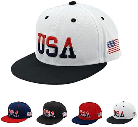 Krirteh USA Snapback Hats for Men Women American Flag Baseball Cap Adjustable Cotton Embroidered Flat Brim Hat Patriotic Dad Hat Trucker Cap White