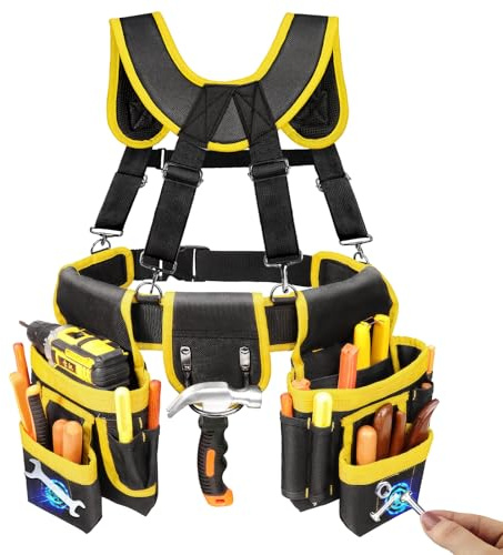 Tool Belt, Professional Tool Belts for Men, Magnetic Tool Pouch with Suspenders, Heavy Duty Detachable Adjustable Utility Belt Belt Pouch for Electrician, Carpenter (32''-66'' Black and Yellow)
