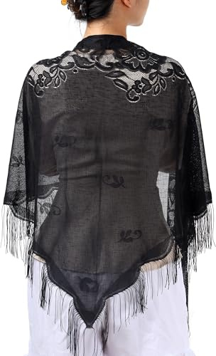 JJDreams Foulard floral triangulaire noir avec pompons, enveloppe de châle en dentelle, voile de mantille, voile de tête pour dames, 185CM