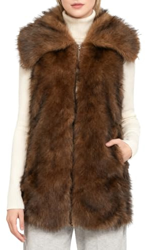 Amazhiyu Women's Fur Vest Long Fur Jacket Fur Coat Faux Fur Jacket Coat Winter Sleeveless Plush Coat Faux Fur Vests Women's Vests with Pockets and Zip, brown, XL
