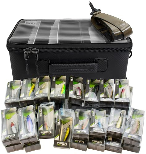 Fishdream Waterproof Tackle Container – Wasserdichte Köderbox Angeltasche mit Klarsichtdeckel, Schultergurt & 8 Ablauffächern – Tasche für Wobbler, Jigs & Pilker (Tackle Container + 30 Wobbler)