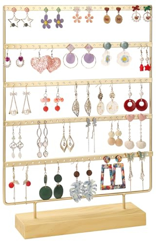 RUINENGDA RUIBEIKE Porte-Boucles d'Oreilles 120 Emplacements – Support en Bois et Métal Peint (Noir/Blanc) – 5 Niveaux pour Bijouterie/Maison – Montage Facile (Doré)