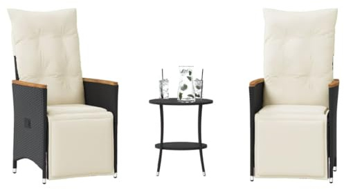 Ziaphsol Ensemble bistro 3 pièces avec coussins, en polyrotin noir, fauteuil de relaxation réglable, table ronde, résistant aux UV, aux intempéries, pour balcon, terrasse, jardin