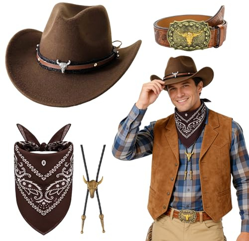 Beamely Cowboy kostym tillbehörsset, 4-delad västerländsk outfit kit med brun hatt, paisley bandana, bälte, bolo halsband för män cosplay fest
