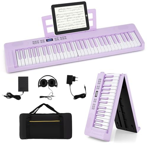 COSTWAY Keyboard Piano 61 tangenter, hopfällbart digitalt piano med MIDI och delad funktion, 128 toner och rytmer, bärbart piano med hörlurar och uthålpedal, e-piano för nybörjare (lila)