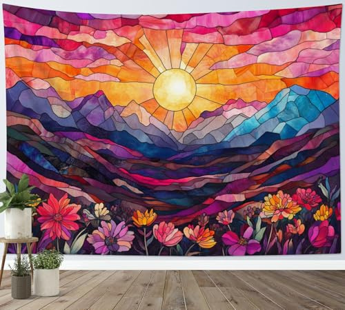 LB Tapiz de Pared Montaña abstracta Arte Mural Vidriera Sol Naranja Flor Colorida Decoracion Pared para Dormitorios Salon,235x180cm