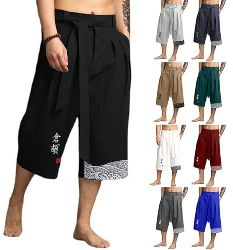 Pantalon Japonais Homme Pantalons/Pantalon Court Taro pour Hommes en Lin Vêtements Asiatiques Kimonos Traditionnels Japonais avec Cordon de Serrage Style Japonai