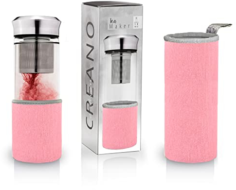 Creano Théière Teamaker 400ml – Bouteille de Thé à Emporter en Verre avec Passoire pour Thé en Vrac et Housse Néoprène – Idéale pour Thé Chaud ou Froid, Portable, Couleur Rose