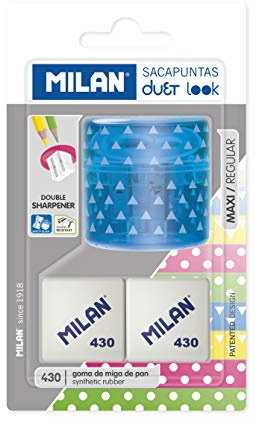 Blister sacapuntas Duet Look azul con 2 gomas 430