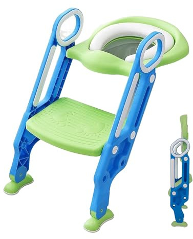 Straame Toddler Toilet Ladder Seat - Adjustable Potty-Training Seat, Soft Cushion Seat and Anti-Slip Steps Design - Easy to Install Portable Children Potty Training Chair (Green-Blue)